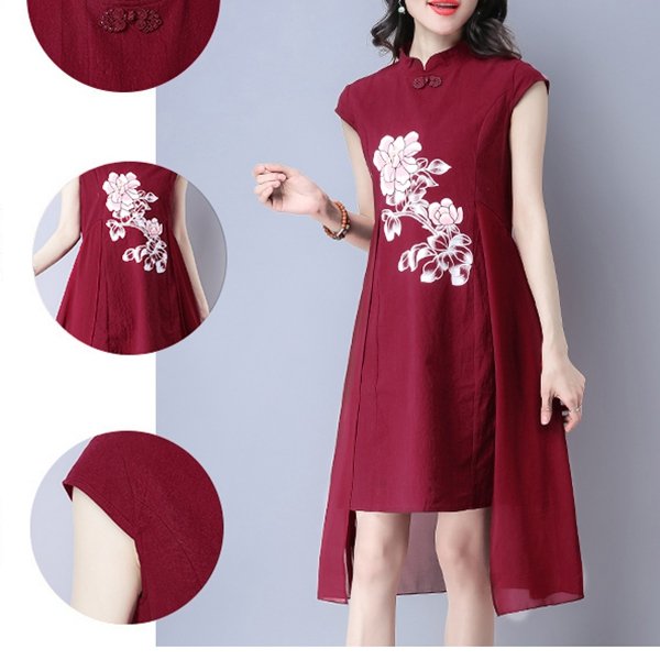 Vintage Floral Print Irregular Frog Button Stand Collar Dress